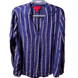 Jennifer Lopez Navy Blue Pink Metallic Striped V-Neck Blouse Women Medium Top